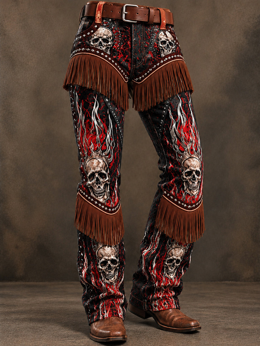 Men's Retro Art Print Casual Tassel Workwear Trousers